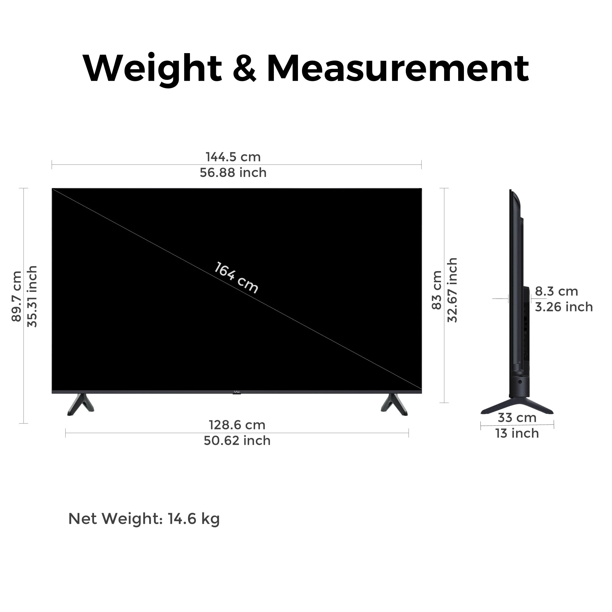 Dimensions and weight specifications of Vu Glo DV TV 65 inch model
